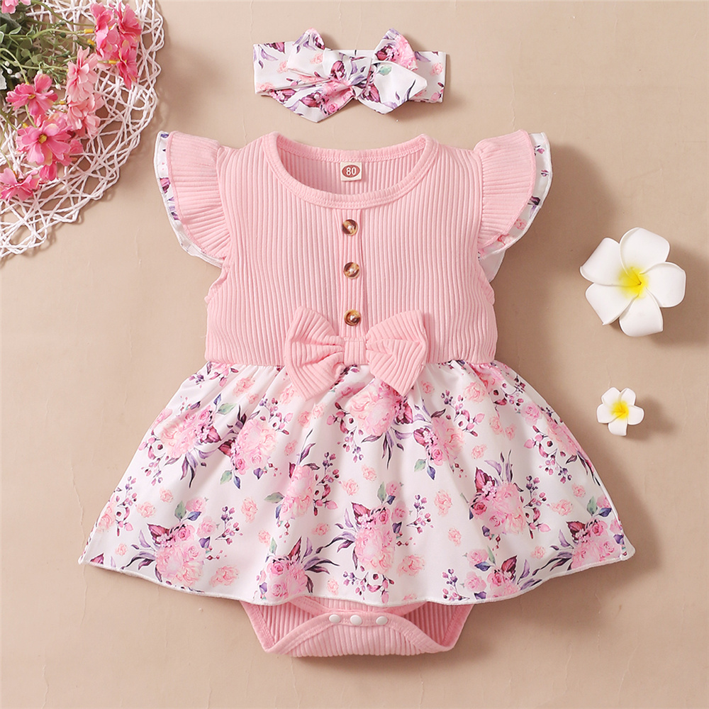 Newborn Baby Girl Romper Floral - Детское летнее платье-комбинезон в рубчик, с